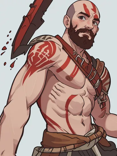 (masterpiece, best quality:1.1), 1boy, solo, (kratos:1.05), from god of war, white and red, bald, beard, brown facial hair, pale, bare chest, red body paint, serious, muscular