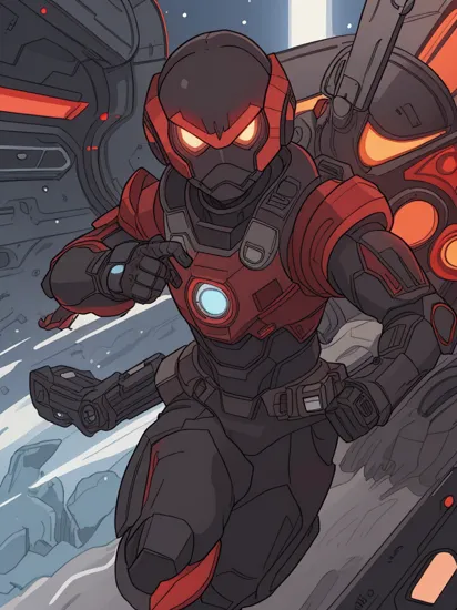 Action shot of a black and red Master Chief, glowing eyes, pointing pistol at the viewer, futuristic spacestation in background, HD, masterpiece, best quality, hyper detailed, ultra detailed,
