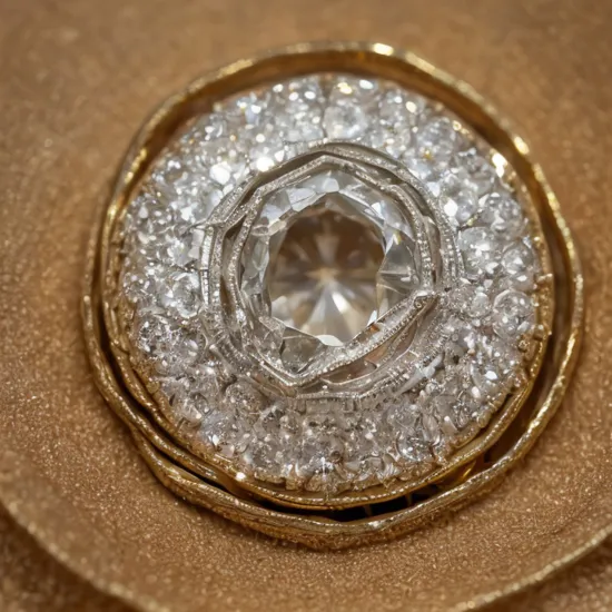 a gold ring with a huge diamond, dazzling brilliance of facets, macro photography, high picture texture, world photographic masterpiece, highly texture film grain, cinematic realistic,