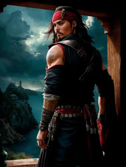 Johnny Depp, Mysterious shinobi @JohnnyDepp, spiky dark hair, cloaked in shadows, back to a dramatic sky, vibrant red accents, looking over the shoulder with an enigmatic expression, bandages on arms, hints of untold stories, a mix of tranquility and latent power, anime style with a touch of the ethereal.