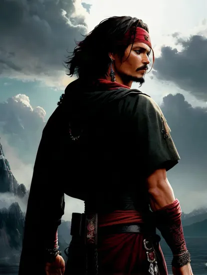 Johnny Depp, Mysterious shinobi @JohnnyDepp, spiky dark hair, cloaked in shadows, back to a dramatic sky, vibrant red accents, looking over the shoulder with an enigmatic expression, bandages on arms, hints of untold stories, a mix of tranquility and latent power, anime style with a touch of the ethereal.