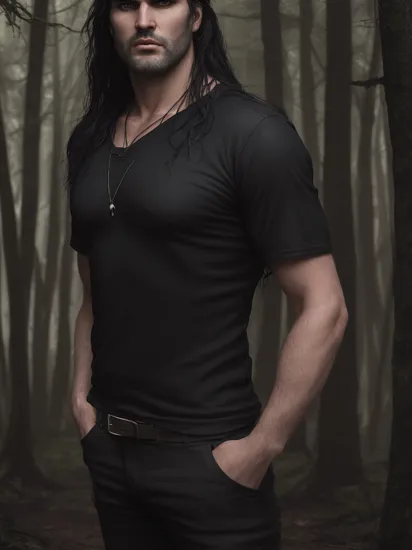 Best quality, masterpiece, ultra high res, full body,(detailed face:1.4), (photorealistic:1.3), portrait of a award winning photo of [tall_man:peter_steele:0.25], in a dark fir forest, ((extreme detail)), (ultra-detailed), looking down, looking at viewer menacing, extremely detailed CG unreal 8k wallpaper, medium chain-link necklace, wearing black leather open jacket, black t-shirt and black torn jeans, long salty hair, hand on hip, from below, cowboy shot, dark cloudy sky, strong wind, dark night, woods in the dark, deep shadow, low key, two tone lighting, sharp focus, octane, unreal, , 