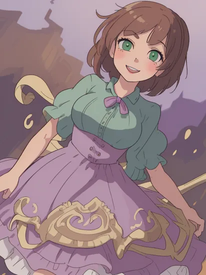 (RapunzelWaifu:1), 1girl, cute, cute pose, (short hair, brown hair, green eyes), (purple dress), curvy, looking at viewer, smile, :D, breast focus, sexy, retro,
(simple background:1.2), (background:1),  (dynamic_angle:1.2), (dynamic_pose:1.2), (rule of third_composition:1.3), (dynamic_perspective:1.2), (dynamic_Line_of_action:1.2), solo, wide shot,
(masterpiece:1.2), (best quality, highest quality), (ultra detailed), (8k, 4k, intricate), (full-body-shot:1), (Cowboy-shot:1.2), (50mm), (highly detailed:1.2),(detailed face:1.2), detailed_eyes,(gradients),(ambient light:1.3),(cinematic composition:1.3),(HDR:1),Accent Lighting,extremely detailed,original, highres,(perfect_anatomy:1.2),
 