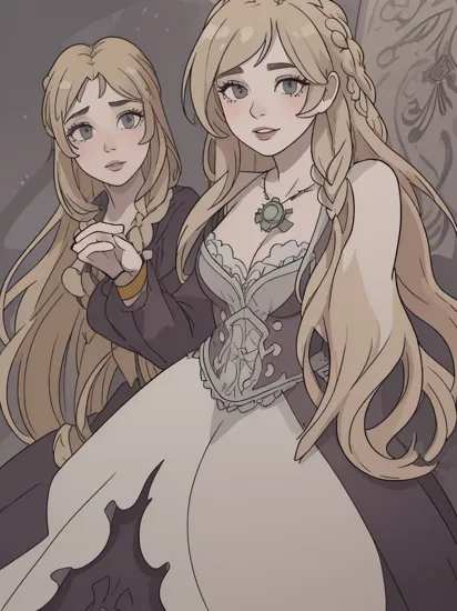 woman, , rapunzel, (giant braid, very long hair, absurdly long hair:1.5), blonde hair, smile, shy smile, high heels, castle, (ballgown:1.5), (edgvs:1.5), elbow gloves, necklace, hands on hips, (wearing edgvs [lingerie|ballgown]:1.5), ,, (masterpiece, high quality, best quality:1.3), (photorealism:1.3), (dynamic shadows, dynamic lighting:1.2), (natural skin texture:1.5), (natural lips, detailed lips:1.3), (natural shadows, detailed shadows:1.5), (hyperrealism, soft light, sharp), (hdr, hyperdetailed:1), (intricate details:0.8), detailed eyes, detailed hair, detailed skin, 8k, (cinematic look:1.4), insane details, intricate details, hyperdetailed, low contrast, soft cinematic light, exposure blend, hdr, faded, slate gray atmosphere, (everything Detailed), , , ,