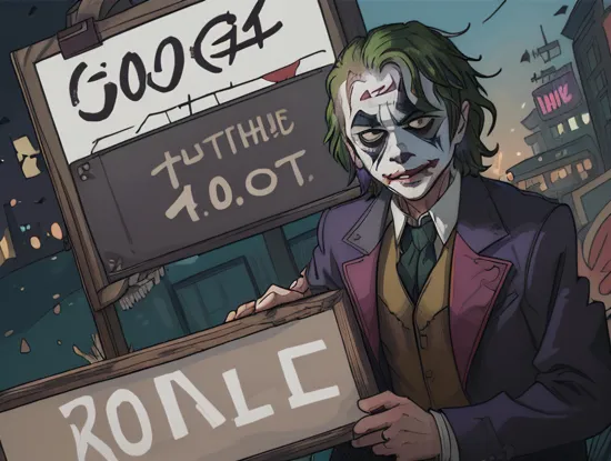 (((Masterpiece))),  (((joker from the movie Batman the |Dark Knight with a serious look on his face looking at the camera,))) ((Batman the dark knight is standing in the background looking at the joker)), ((Background:Gothem City with the Batman Signal shining into the sky)), (((The Joker is holding a rusty and damaged wooden splintered sign with the number "404" written on it))), ,complex 3d render, intricate reflections, ultra-detailed, HDR, Hyperrealism, sharp focus, Panasonic Lumix s pro 50mm, 8K, octane rendering, raytracing, (((professional photography))), high definition, photorealism, hyper-realistic, bokeh, depth of field, dynamically backlit, sharp edges, studio, vibrant details, ((professional Color grading)),photorealistic,Movie Still