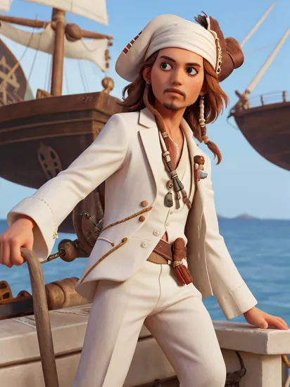 1boy,jack sparrow wearing a white suit,masterpiece,realistic,,pirates_of_the_caribbean background,bandana,(white suit:1.4),