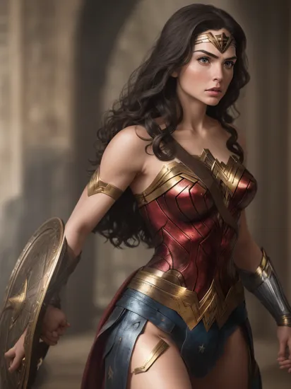 cinematic photo of Wonder Woman as she readies for battle. Her eyes, steely and determined, showcase her unwavering resolve. The reflection of her golden tiara and hints of her armor add to her regal and fierce presence