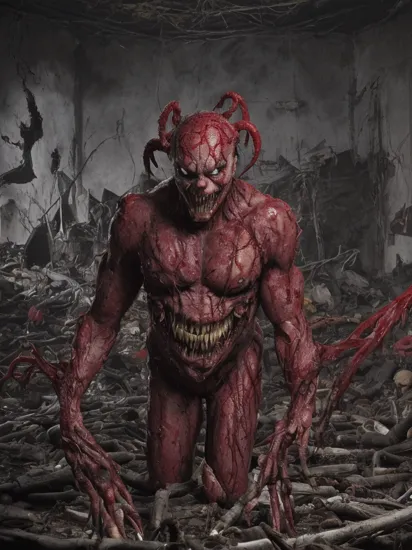 perfect mix between Carnage from Marvel and Joker from DC , with Carnage's red tentacles protruding from his entire body,  blood, epic, (dark horror, eating childs in a dark room, blood and corpse of children on the ground:1.4)  absurdres, best quality, fantasy style