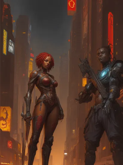 (Thomas Blackshear II painting)++ an african woman with tattoos in a cyberpunk scenario with an broadsword in her hand. Background ist Metropolis built like the City of Lights in Tokyo or the Terminator movie, (Black paper with Intricate and vibrant red line work)+++. Art style, Trending on Artstation, Hype 