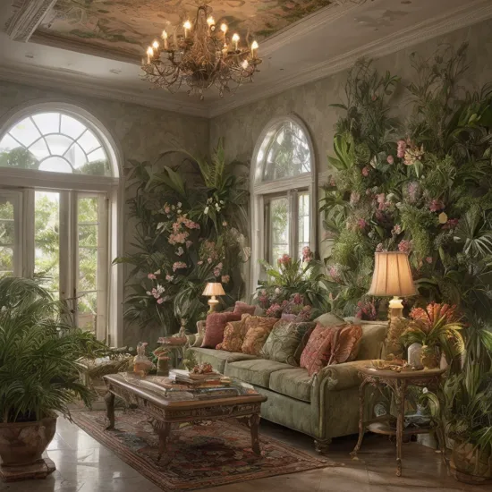 rain, (masterpiece:1.2), best quality, (titian hair:1.14), UHD, (dim colors, (island sanctuary)), photograph, Architectural digest photo of a maximalist green solar living room with lots of flowers and plants, 32k, experimental, De-Noise, Antonio Moro, sleeveless, , visually stunning, (ultrarealistic:1.3, rose:1.2), highly detailed, vibrant details, (cinematic lighting)
