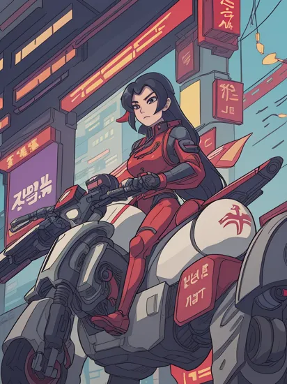 Mulan riding a robot,cybernetic horse, in dystopian cyberpunk city, mix of traditional chinese and futuristic cyberpunk, ghost in the shell, night street, neo-Seoul, cybernethic, body modifications, face modifications, serious face, intense look, dramatic, looking at camera, cyber clothes, stylish, synthwave, flying ships in background