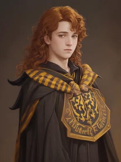 ("Hufflepuff" crest: 1.4) , (oil painting) portrait of a relaxed teenager with curly red hair in the Harry Potter universe, he is wearing a black cloak, relaxed personality, sharp image, black background