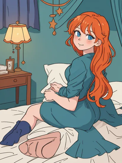 merida_v1, long orange hair, curly hair, blue eyes, green dress, clothing cutout, socks, looking back at viewer, serious, smirk, blush, sitting, on large bed, from_below, inside a cozy bedroom, pillow, lamp, high quality, masterpiece,