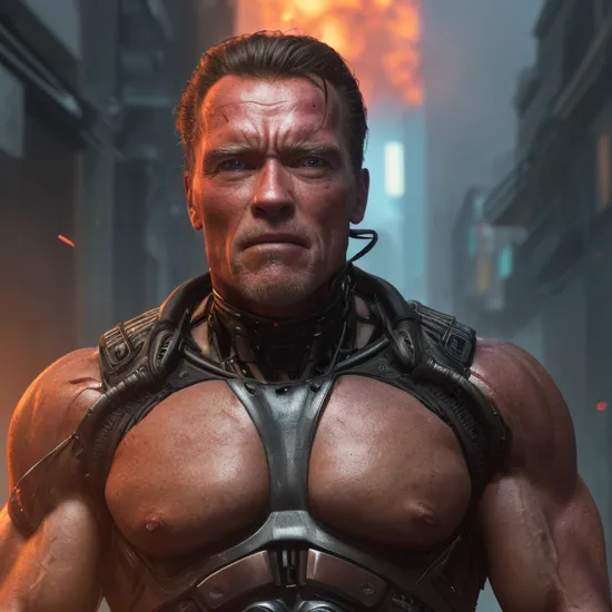 cinematic portrait of The Terminator (Arnold Schwarzenegger), his flesh is severely damaged and exposing his cyborg endoskeleton:2, cyberpunk hacker variant, intimidating look on his face, glowing neon eyes (red), intimidating energy, surrounded by heavy smoke, cinematic composition, ultra-detailed skin, intricate details, cyberpunk style, action background, ultra-detailed, ultra-realism, UHD, HDR, infinite ultra-resolution image quality, raytracing, subsurface scattering, cinematic, film, cinematic lighting (dramatic), cyberpunk, heavy damage dealt