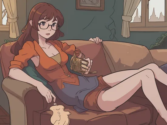 A stunning digital painting of (honeygold:1.4),masterpiece, best quality, high detailed, nude, naked, nsfw, hairy pussy, dynamic pose, (As Velma Dinkley from Scooby-Doo, with glasses, reclining on a couch in a haunted mansion with her legs spread, detailed environment, vivid colors, evocative of the classic animation style, high-resolution, capturing the essence of the beloved series.:1.5),(in the style of John Howe:1.3), A half-up, half-down style with a deep side part, featuring large, loose waves and a few strands left loose around the face, epic fantasy character art, concept art, fantasy art, a character portrait, fantasy art, vibrant high contrast, dramatic lighting, ambient occlusion, volumetric lighting, emotional, Deviant-art, hyper detailed illustration, 8k, gorgeous lighting,  ,vamptech