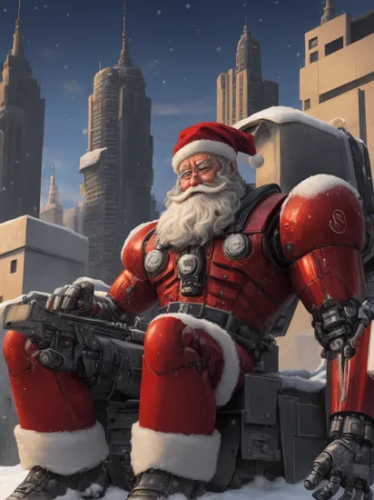 ral-santa, terminator santa, a robot santa claus is sitting in a snowy city, futuristic and robotic 