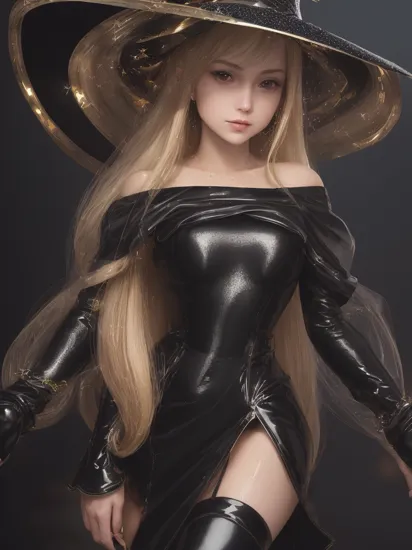 professional detailed photo, (samus aran:1.2) dressed in (latex (witch dress, witch hat:1.2), (long straight blonde hair), (jewelry, off-the-shoulder black dress, witch hat, jewel brooch, wide sleeves, stockings), (perfect face, beautiful face, symmetric face), (shiny glossy translucent clothing, gleaming oily latex fabric :1.1), (sparkles, sparkling hair, sparkling clothes, sparkles around face:1.3),
8k, RAW photo, photo-realistic, masterpiece, best quality, absurdres, incredibly absurdres, huge filesize, extremely detailed, High quality texture, physically-based rendering, Ray tracing,