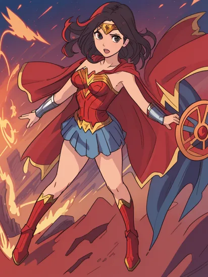(full body), (Wonder Woman), ((heat vision)), (red cape), (((solo))), Perfect and very beautiful face, magnificent sky background, standing in front of island skyline, dramatic, gorgeous, good anatomy, good proportions, hero pose, award winning, masterpiece, volumetric lighting, centered, (realistic photo)