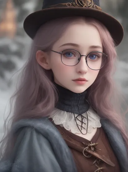 photo of close-up beautiful young girl Alena witch, glasses, cold frozen magic spell, darkwave, blue-red hairs, harry potter hogwarts steampunk middle ages world, best quality, high quality, high-definition, extremely detailed, technicolor, masterpiece, best quality, by Tim Burton, by Anna Dittmann