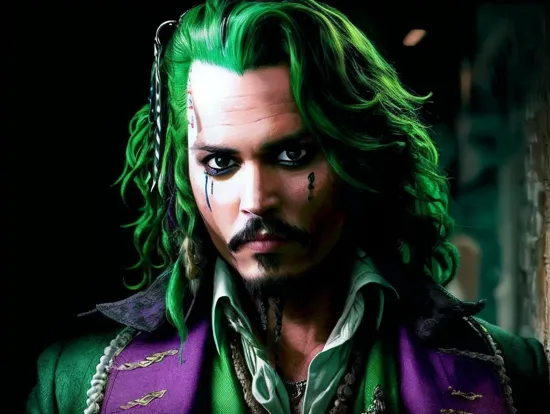 Johnny Depp, The Joker @JohnnyDepp, with his unmistakable green hair and white skin, is the embodiment of chaos in Gotham. His suit, a garish combination of purple and green, stands in stark contrast to his maniacal deeds, his unsettling smile a prelude to the capers he orchestrates as the arch-nemesis of order.