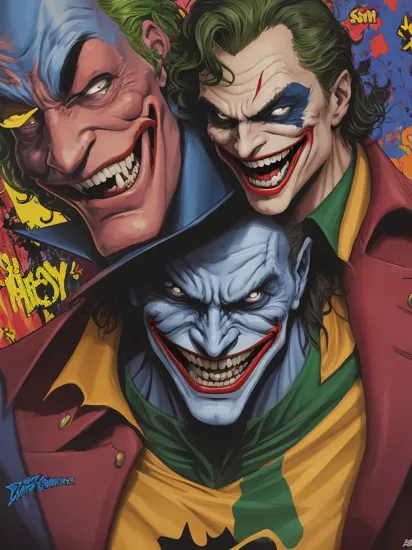 Jerry Robinson: Comic book style,painting colorfull,4k colors in paint highcontrass,big smile,villain from DC's Batman is of course The Joker,detail face high quality,8k,high quality, high_resolution,horror background,