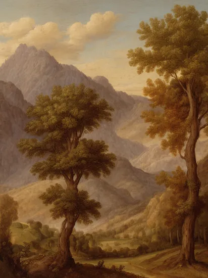 antique oil painting by leonardo da vinci, mystical tree, landscape, mountains, forest, fields, clouds, cracked paint, chroma, painterly, classic  