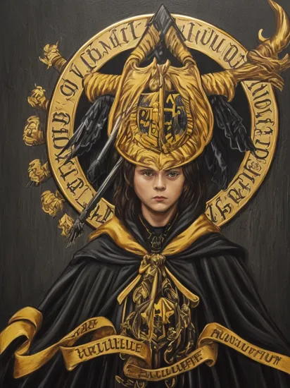 ("Hufflepuff" crest: 1.4) , (oil painting) portrait of an aggressive teenager with brown hair in the Harry Potter universe, he is wearing black cloak, angry personality, sharp image, black background