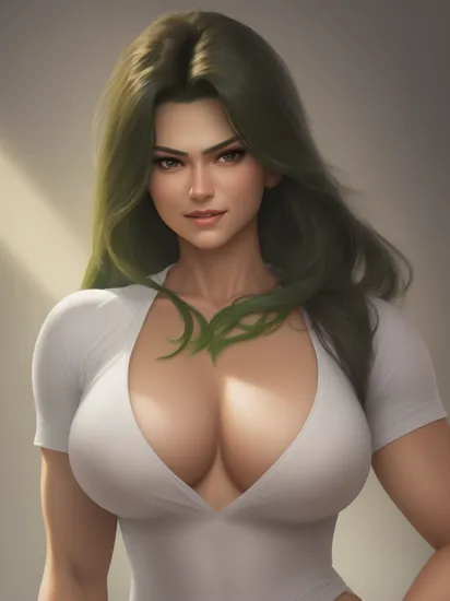 (masterpiece)
she-hulk,
white shirt, 
sexy pose, proud mood,
dim light,
HDR, realistic, intricated details,