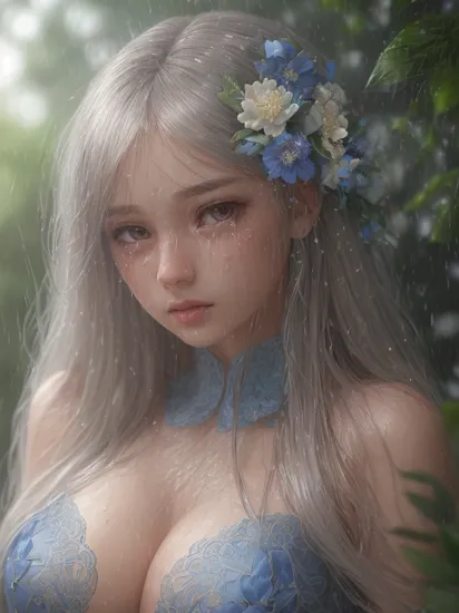 fashion photography portrait of blue human avatar, 
in blue lush jungle with flowers and birds, 

3d render, cgi, symetrical, octane render, 35mm, bokeh, 9:16, (intricate details:1.12), hdr, (intricate details, hyperdetailed:1.15), (natural skin texture, hyperrealism, soft light, sharp:1.2, 

(busty:0.5) , Cried eyes, ((crying)), ((outdoor)), (Wet body), ((raining)) , bokeh, 
((background defocused)):1.2, (((depth of field))):1.2,  <lora:freyaDanmachi_freyaV1:0.6>, solo female, perfect body, (1girl), innocent , hair ornament, silver eyes, elbow gloves, long hair, tiles, silver hair, gloves, bare shoulders, medium breasts,  navel, cleavage,