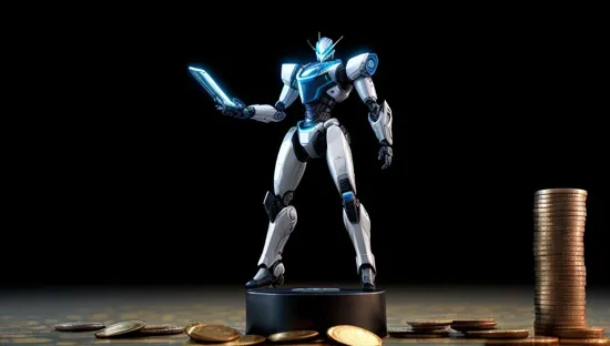 Create an image of a sleek, futuristic AI robot standing triumphantly on a pile of coins and stacks of money. The robot should have a friendly, intelligent expression and be holding a chart or a sign that shows an upward trend, symbolizing income or profit growth. The background should be clean and modern, with a slight digital touch to emphasize the technological aspect