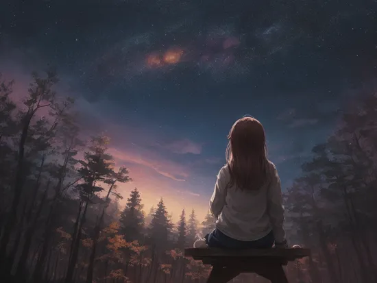 (drybrush speed painting)+, realistic anime lone girl sitting and looking up at a grand vivid night sky, forest, paint (strokes)+, facing away, astrophotography, dark, after hours