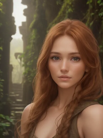 3/4 portrait of a female explorer in an ancient temple on the in the jungle, indiana jones, (beautiful face:1.4),( looking at viewer:1.4), long auburn hair in a ponytail, full lips, (high cheekbones:1.2), hazel eyes, vines in the foreground, leaves in the foreground, stunning features, ancient ruins, masterful composition, eye contact, tight top, jawline