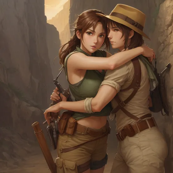 Anime Artwork,  Indiana Jones hugging Lara Croft,  art by Makoto Shinkai,  art by J.C. Leyendecker