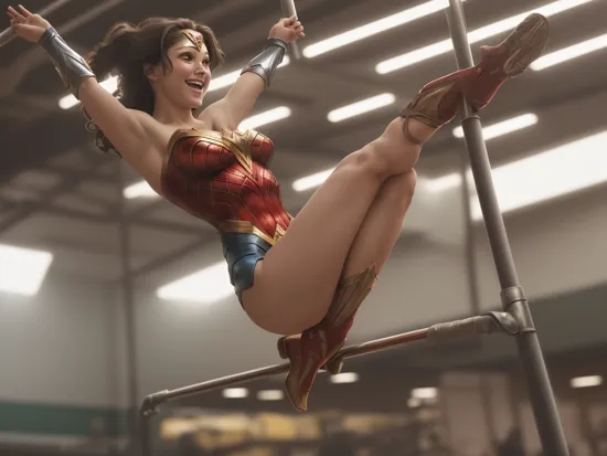DC movies,full body,photo of a 18 year old girl,wonder woman,happy,laughing,gymnastics parallel bars dismount,gym,detail background,ray tracing,detail shadow,shot on Fujifilm X-T4,85mm f1.2,sharp focus,depth of field,blurry background,bokeh,lens flare,motion blur,,