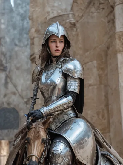 an awarded profesional photo of Joan of Arc: Dressed in shining silver armor, Joan appears almost ethereal as she leads her troops into battle. Her short, golden curls peek out from under her helmet, lending a touch of femininity to her otherwise formidable appearance. Her eyes, bright and unwavering, reflect her unwavering faith in her divine mission. She carries a white and gold banner, symbolizing her spiritual guidance and the purity of her cause., ultradetailed, intricated face,(face details:1.1),perfect eyes, ideal body posture,perfect body proportions, by jeremy mann, by sandra chevrier, by maciej kuciara,(masterpiece:1.2),(ultradetailed:1.1), ultrasharp, (perfect, body:1.1),(realistic:1.3),(real shadow:1.2),3photo Fujifilm XT3, ,(perfect body proportions:1.1)<lyco:GoodHands-beta2:1>, intricated hands,(by Michelangelo),(profesional lights:1.3) (profesional photography:1.3),in Starfall Observatory: A remote and mysterious observatory, said to be the gateway to the stars and other dimensions., cowboy shot (character focus:1.1), depth of field
