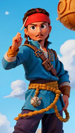 Johnny Depp, The ((The Last Airbender Avatar Aang @JohnnyDepp)), youthful monk, his head adorned with a distinctive blue arrow, a symbol of his spiritual journey. With a serene expression, he demonstrates his connection to the elements, a swirling orb of air floating above his palm. Perched on his shoulder is a loyal companion, a creature with large, inquisitive eyes and oversized ears, sharing in the moment of elemental manipulation. They are framed by a clear blue sky, a representation of peace and the boundless potential of mastery over air.