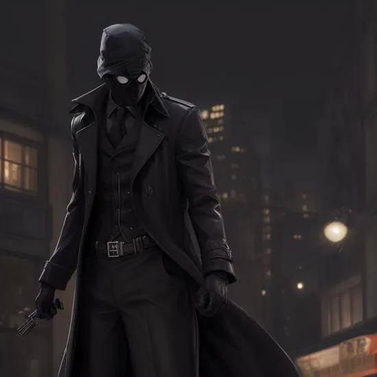 Hyperrealistic art of  
a spider man noir in a film noir scene and a black trench coat anime manga girl style, Extremely high-resolution details, photographic, realism pushed to extreme, fine texture, incredibly lifelike