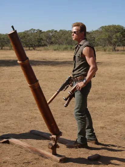 the terminator playing a long wooden didgeridoo on the battle field, 