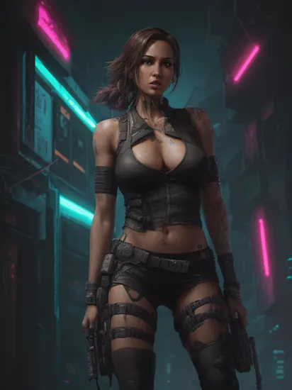 hologram of Lara Croft, (reimagined in a cyberpunk universe), (cyberpunk style), (cyberpunk), (cyberpunk outfit), (punk hair), augmentation, cybernetics, glowing neon lights, cinematic scene, hero view, action pose, masterpiece, best quality, high quality, absurdres, vivid  floating in space, a vibrant digital illustration, dribbble, quantum wavetracing, black background, behance hd