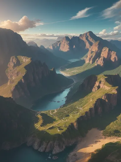 nature landscape, aerial view, drone photography, cinematic, mountains and ocean, cinematic view, epic sky, detailed, low angle, high detail, warm lighting, volumetric, godrays, vivid, beautiful, by jordan grimmer, huge scene, sunrays, Fujifilm GFX 50S