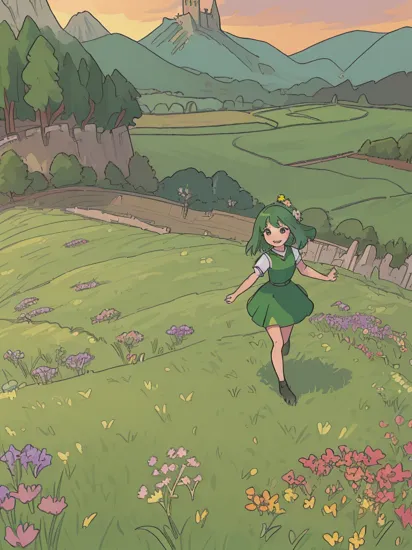 (MeridaWaifu),(green dress),1girl,solo,smile,dynamic angle,masterpiece,best quality,(detailed ladscape, castle, field, grass, mountains, flowers:1.2),colorful,,,,