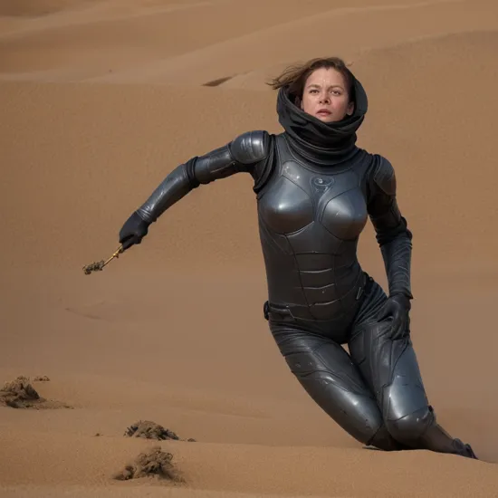 mid shot, torso to head, Harry Potter is harvesting spice in a stillsuit made of black scifi skintight armor that is dusty on the desert plant arrakis, DUNE, sandworm, 