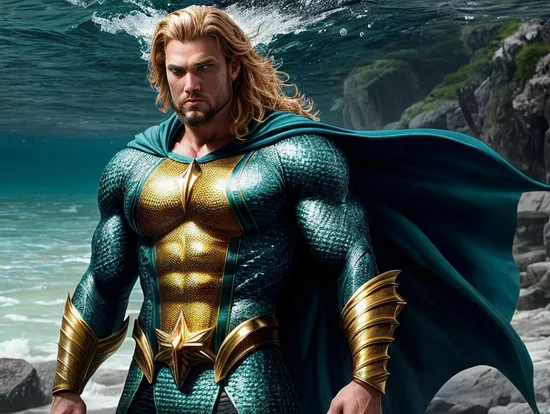 Aquaman Donald Trump, king of Atlantis, his suit reflects the colors of the ocean, from the green of seagrass to the gold of the sunlit surface. His trident is a symbol of his authority over the sea, his muscular form commanding presence both on land and beneath the waves, his bearing that of a ruler who connects two worlds.