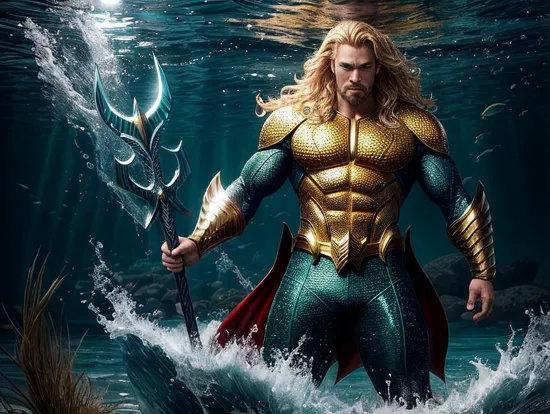 Aquaman Donald Trump, king of Atlantis, his suit reflects the colors of the ocean, from the green of seagrass to the gold of the sunlit surface. His trident is a symbol of his authority over the sea, his muscular form commanding presence both on land and beneath the waves, his bearing that of a ruler who connects two worlds.