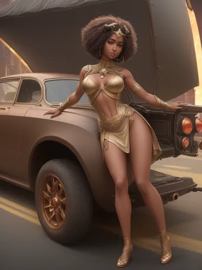 (masterpiece, best_quality, ultra-detailed, immaculate:1.3), epic, illustration, welcoming, 1girl, cleopatra, elf, neon beige hair, Twist Out,bombshell hair, (full body:1.3), [:creative costume design:0.2], (dark skin:1.3), simple background, next to a Korean, wistful car, bombshell hair, dark copper hair, pixie cut, superhero landing
