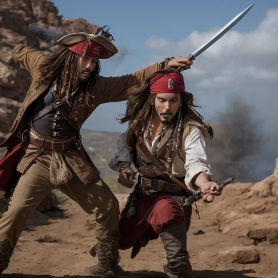 photo of, Over-the-shoulder shot, man red rockwor soldier and Captain Jack Sparrow duels fighting with British soldier,  n3wp1r4t3, rapier, smoke, fighting, knife, smoke, fighting, on deck, extremely detailed face eyes hands, perfect hands