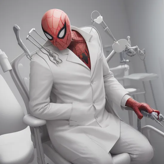 ((spider man  wearing  long white dentist coat in office standing over dentist chair holding dental instruments)),   in the style of vray tracing, photorealistic rough textures, organic sculpting, dynamic lighting, close up, dragoncore,  , postprocessing effects, subsurface scattering, unreal engine, HDR specular PBR Shaders, long shot, wide shot, full body, 