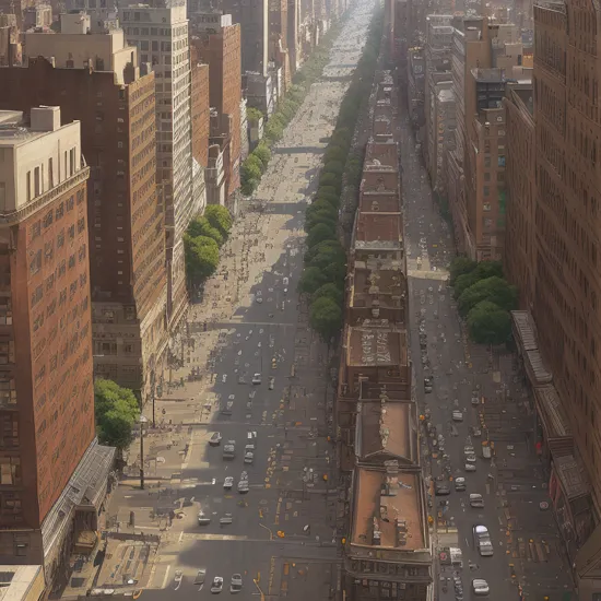 a classic landscape painting of tilt shift photography of a new york city street from above  , by John Anster Fitzgerald, anime niji illustration  Diane Arbus