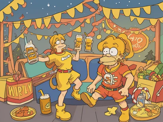 a drawing of Homer Simpson (Homer Simpson character of the Simpsons) wearing a yellow,  christmas, beautiful scenery, yellow uglyxmas, colorful, vivid, beautiful, drawing, 16k resolution, intricate, highly detailed, by Matt Groening, Mistletoe in background, Homer Simpson, zany scene,drink a 'Duff' beer, 'Duff', Duff beer, drunked, drunked attitude, stupid attitude,