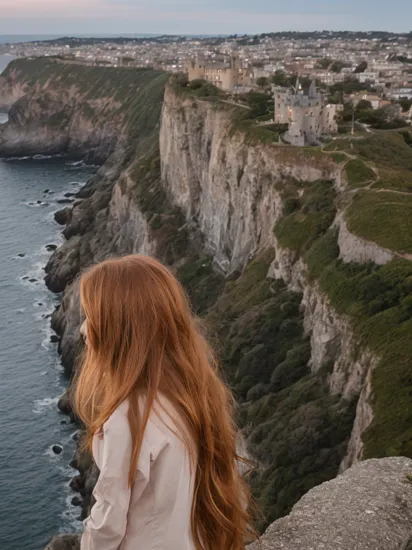 gritty raw street photography, 21 year old woman, (Chestnut hair, long one side up), Capelet, sarashi, looking at the viewer,  at streets of ((Moonlit Castle on a Cliff's Edge)), (hyperrealism:1.2), (8K UHD:1.2),  Sony A7III, golden hour, 